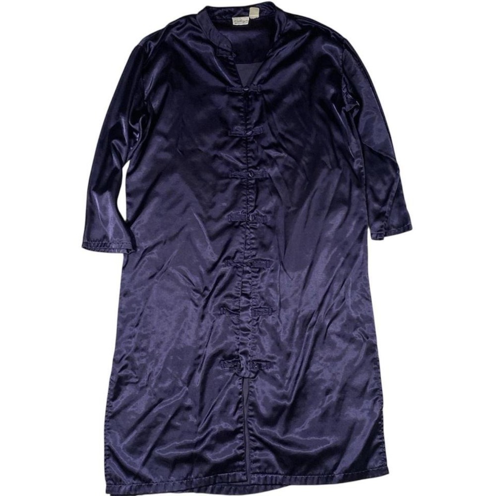 Vintage Purple Blue Satin Longline Robe Frog Button Mandarin Collar Loungewear L